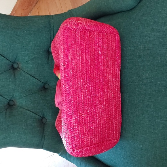 Madison 88 Pink Woven Straw Tote Bag Wood Beaded Fabric Handles Beach Sz.Medium - Picture 5 of 8